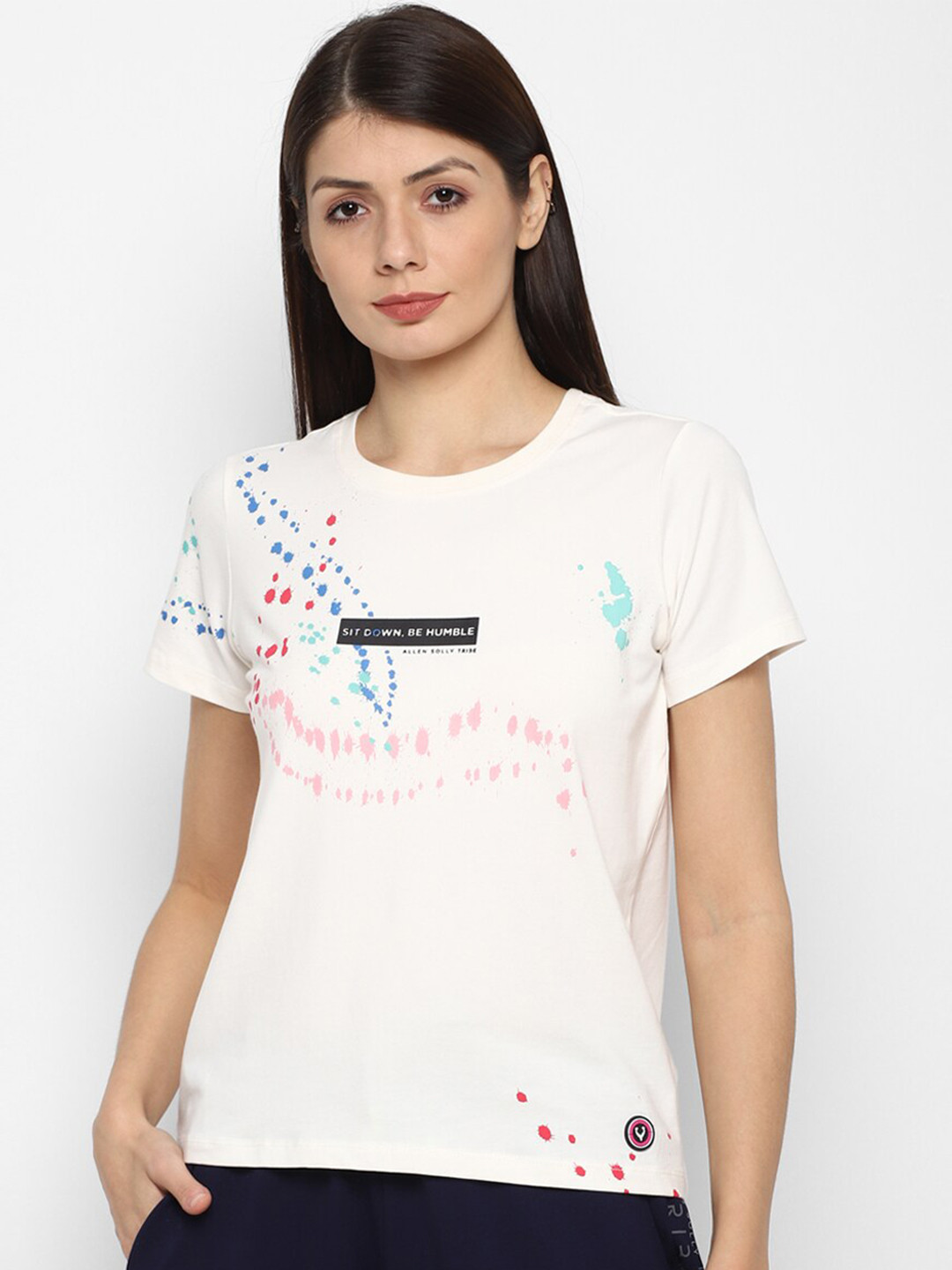 

Allen Solly Woman Women Cream-Coloured Typography Printed T-shirt