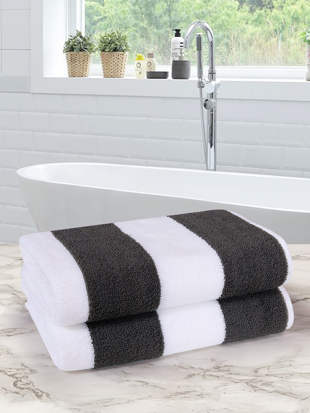 

ROMEE Grey & White Set Of 2 Striped 350 GSM Bath Towels