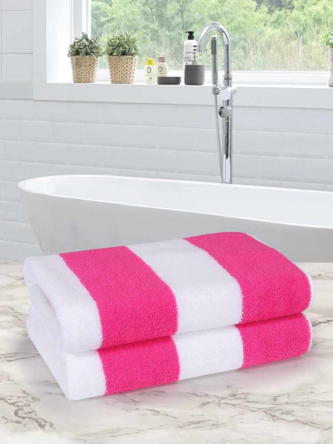 

ROMEE Set Of 2 Pink & White Striped 350 GSM Bath Towels