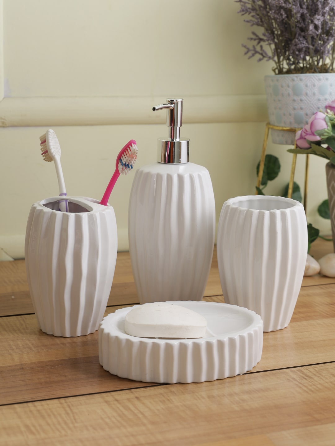 

House Of Accessories Set Of 4 White Striped Bathroom Accessories
