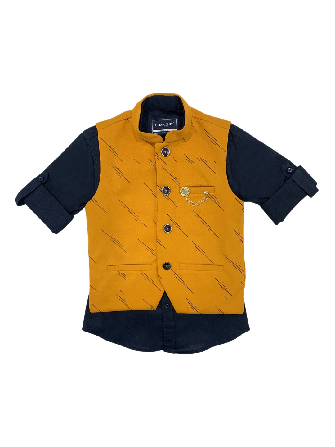 

CHARCHIT Boys Golden Printed Nehru Jacket, Gold