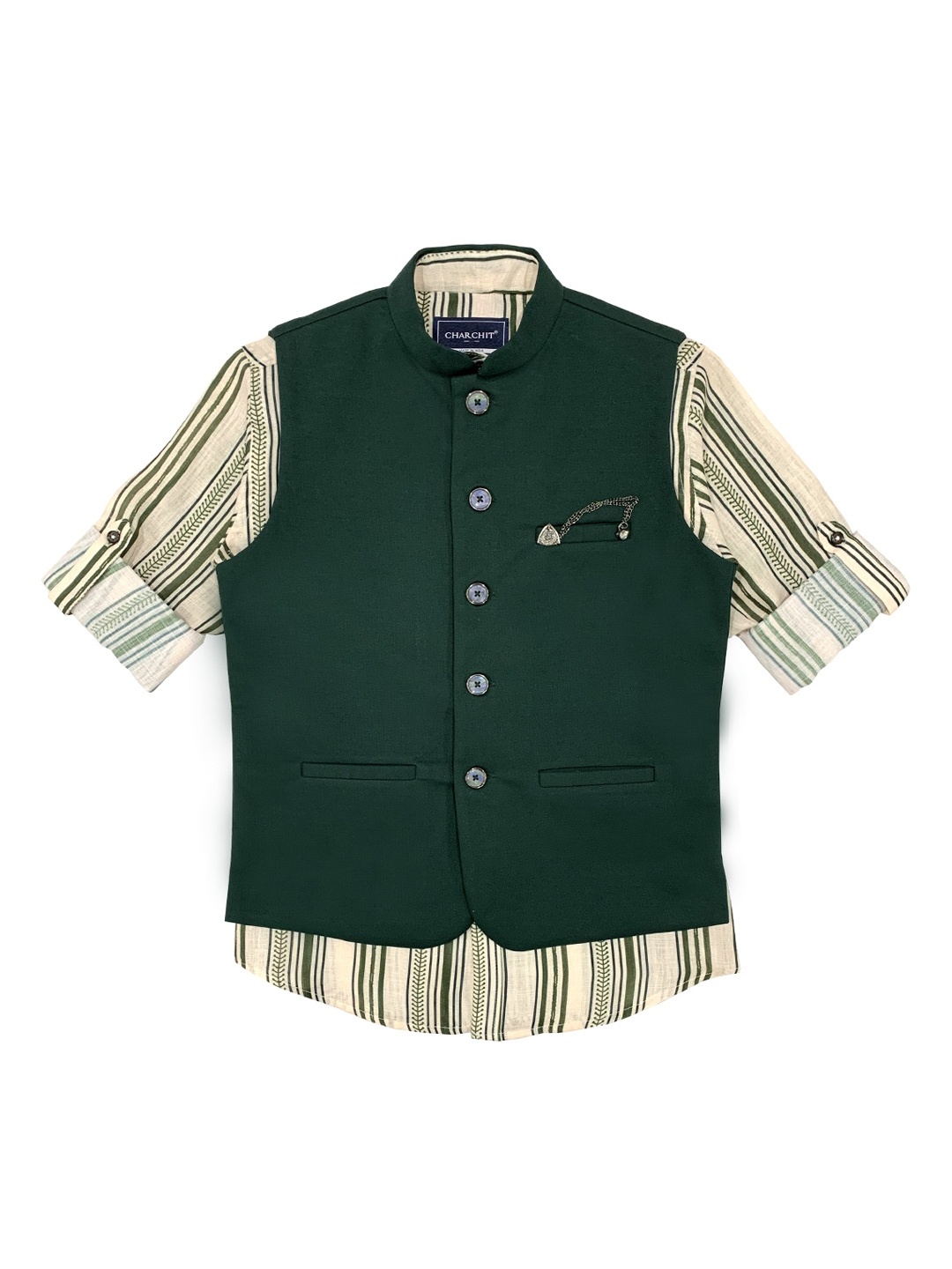 

CHARCHIT Boys Green Solid Nehru Jacket With Shirt