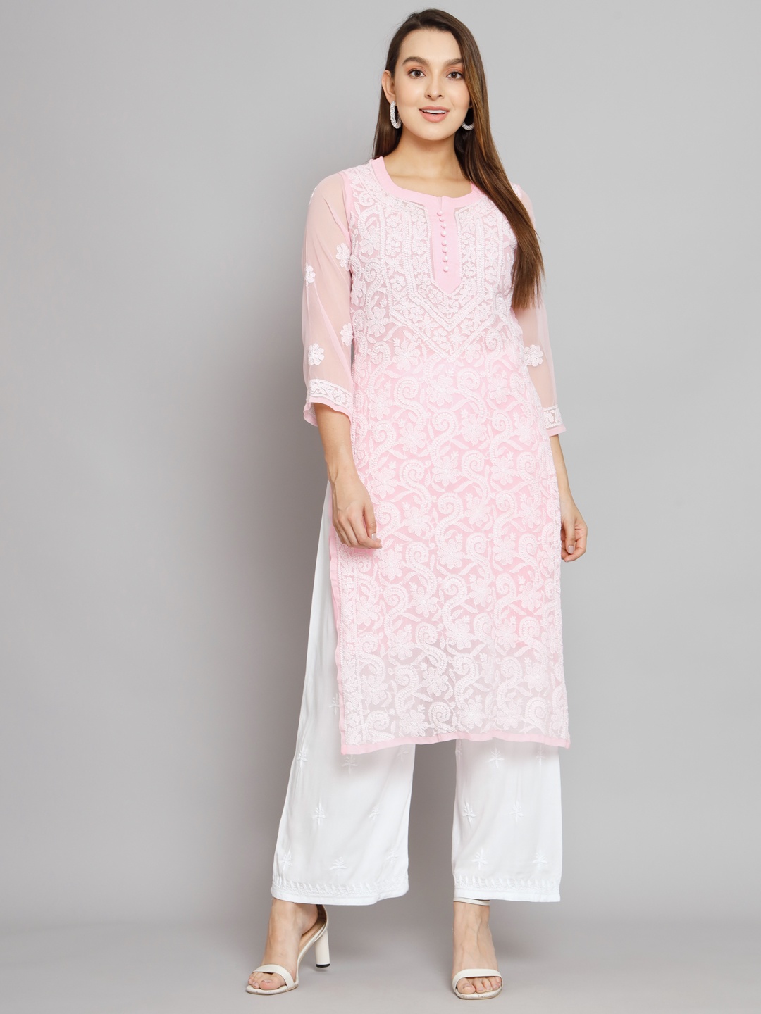 

PARAMOUNT CHIKAN Women Pink Ethnic Motifs Embroidered Chikankari Georgette Kurta