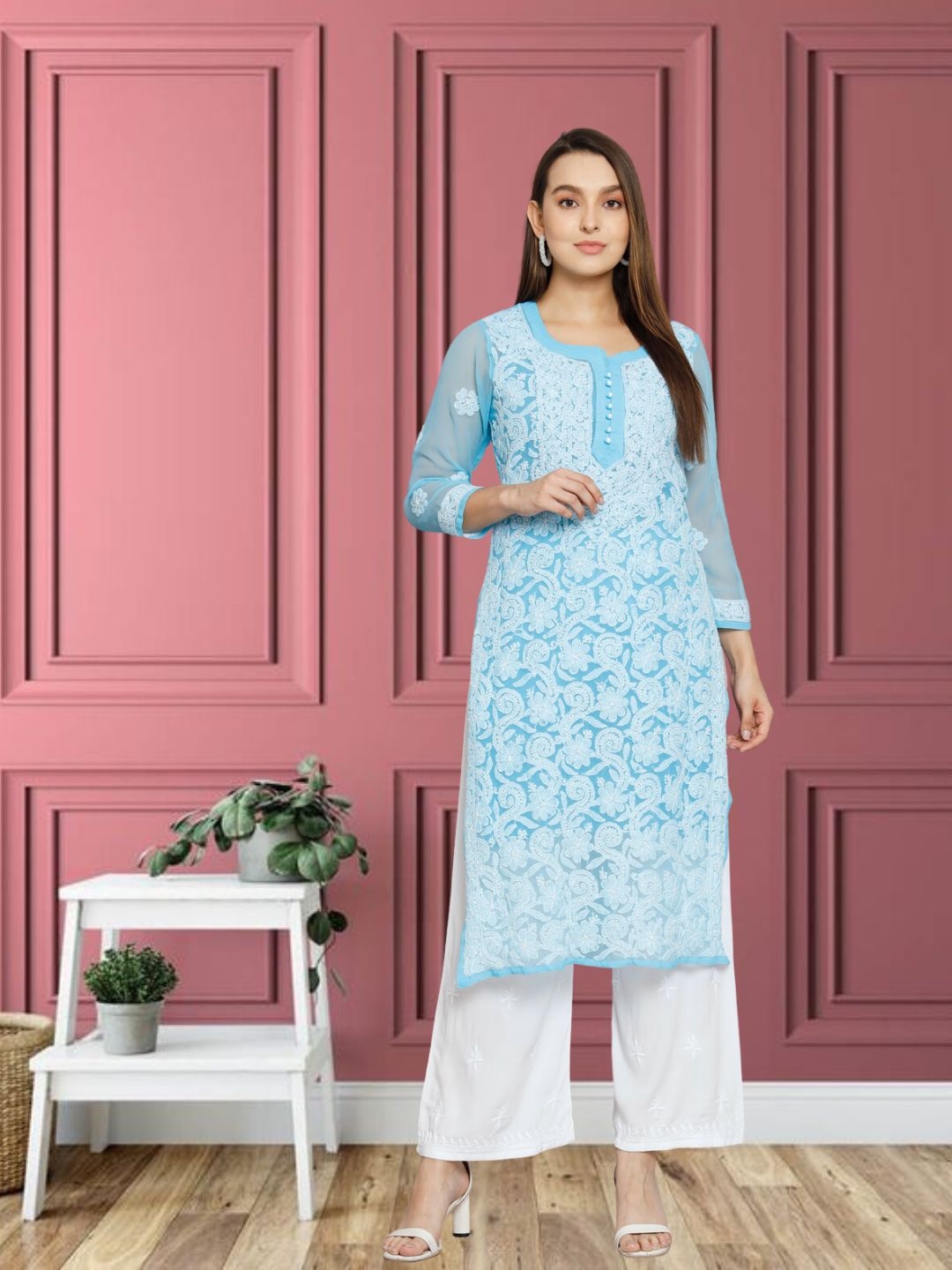 

PARAMOUNT CHIKAN Women Turquoise Blue Ethnic Motifs Embroidered Chikankari Georgette Kurta