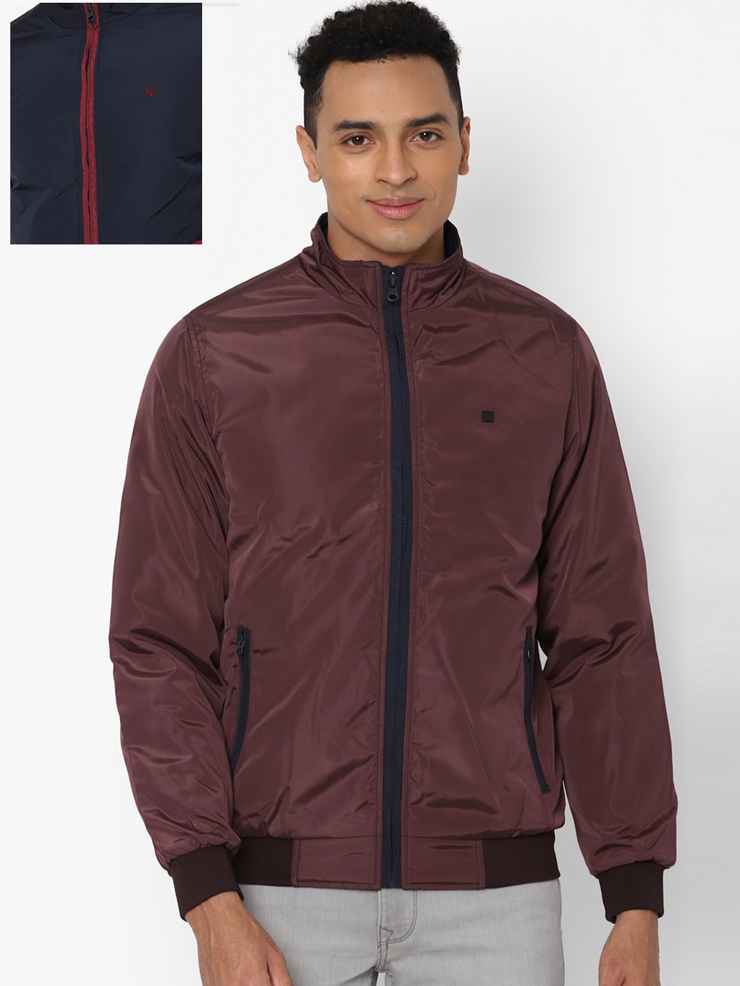 

Allen Solly Men Navy Blue & Burgundy Reversible Bomber Jacket