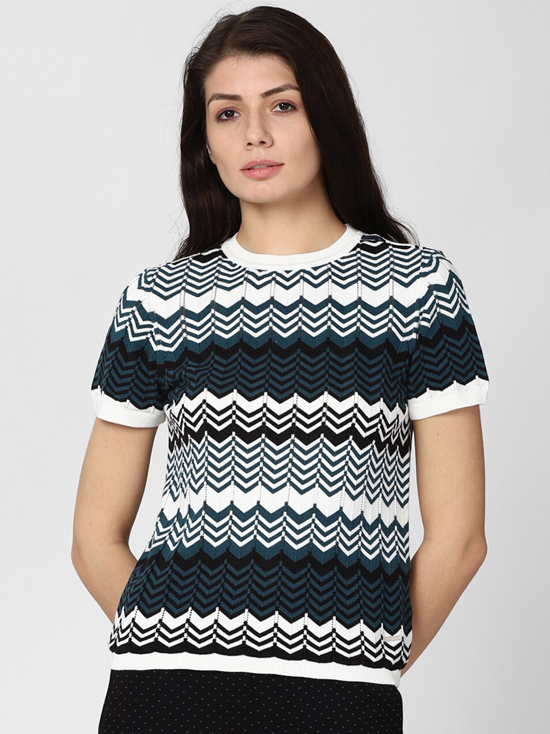 

Van Heusen Woman Teal Green & White Chevron Print Pure Cotton Top
