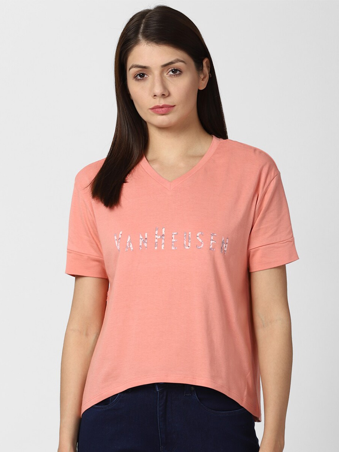 

Van Heusen Woman Peach-Coloured Print Cotton High-Low Top