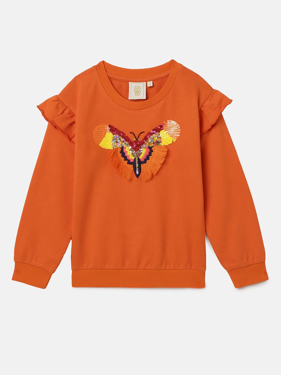 

BYB PREMIUM Girls Orange Embroidered Ruffled Pure Cotton Sweatshirt