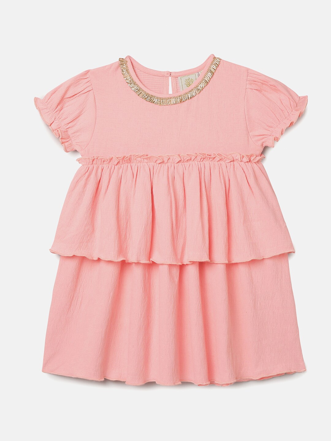 

BYB PREMIUM Pink Solid Sequined Neck Fit & Flared Dress