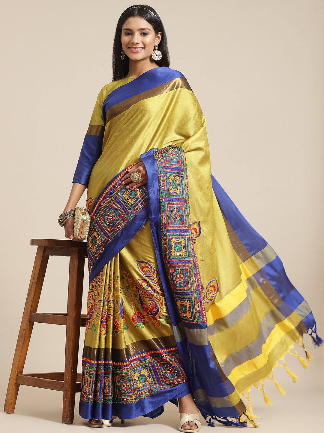 

SERONA FABRICS Yellow & Blue Ethnic Motifs Kutchi Embroidery Silk Cotton Saree