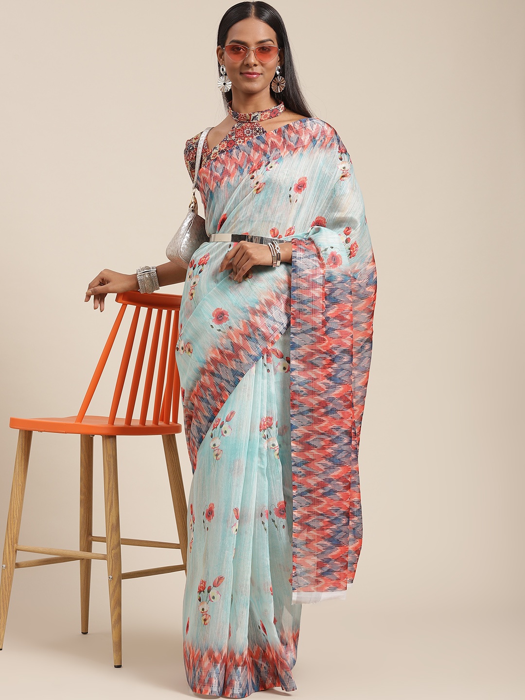 

SERONA FABRICS Turquoise Blue Printed Linen Blend Saree