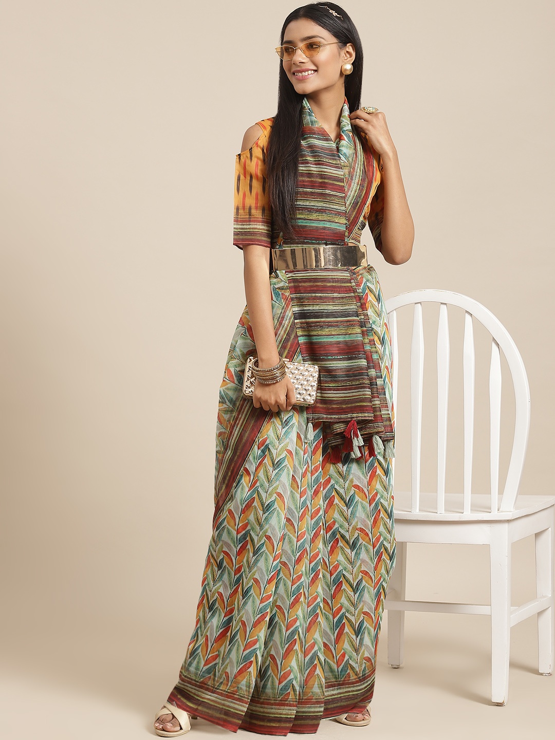 

SERONA FABRICS Multicoloured Linen Blend Fusion Saree, Multi