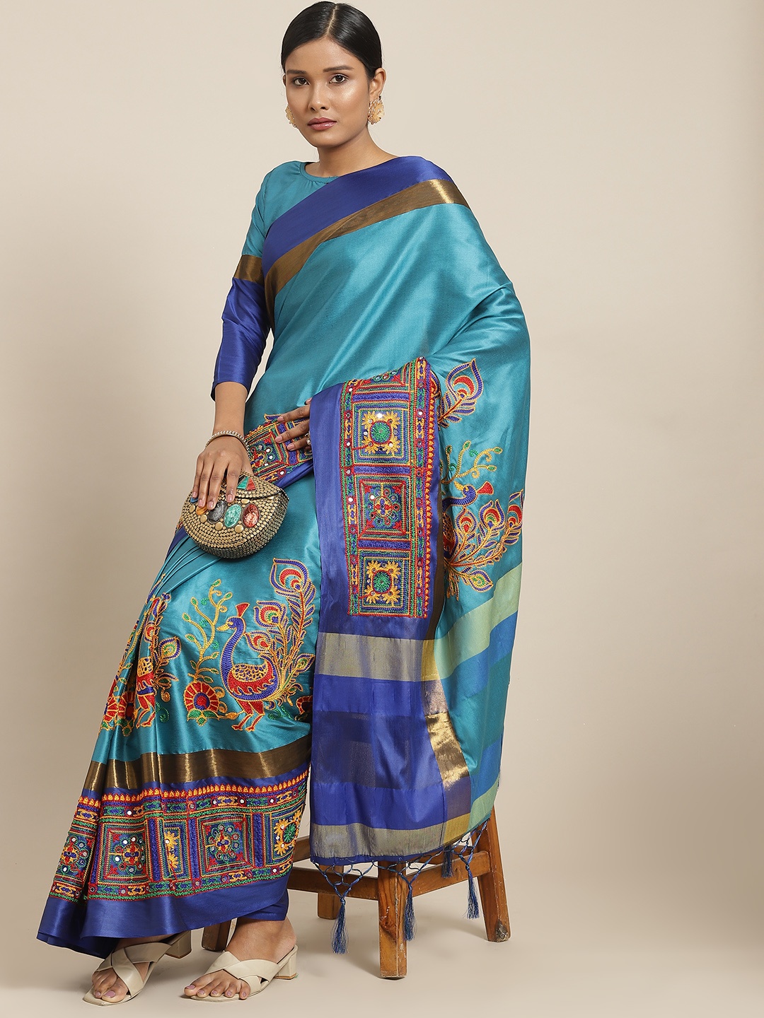 

SERONA FABRICS Blue & Red Ethnic Motifs Mirror Work Embroidered Saree