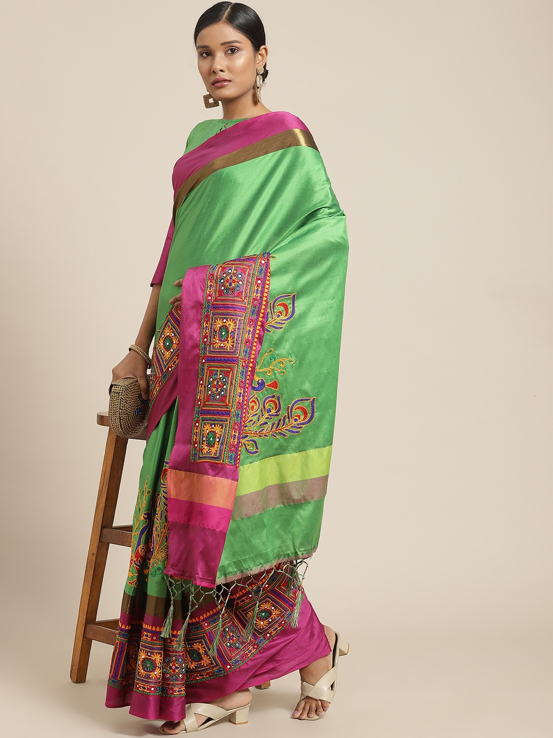 

SERONA FABRICS Green & Pink Ethnic Motifs Mirror Work Embroidered Saree