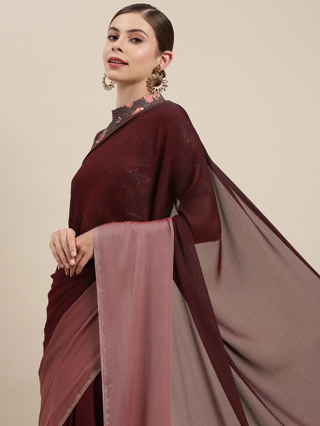 

Mitera Women Brown & Dusty Pink Ombre Sequinned Pure Chiffon Saree