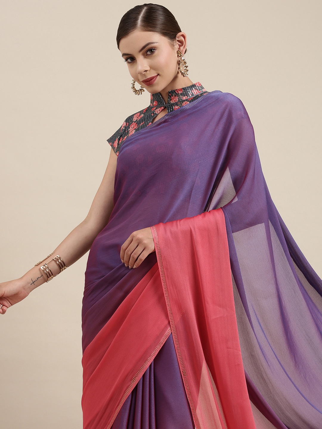 

Mitera Women Purple & Pink Ombre Sequinned Pure Chiffon Saree