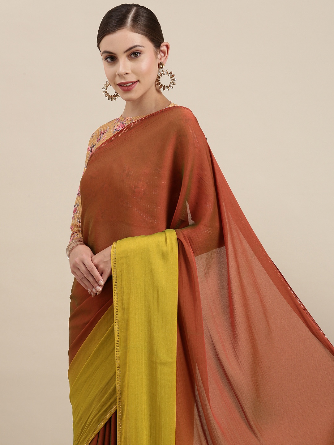 

Mitera Women Rust Orange & Mustard Yellow Ombre Sequinned Pure Chiffon Saree