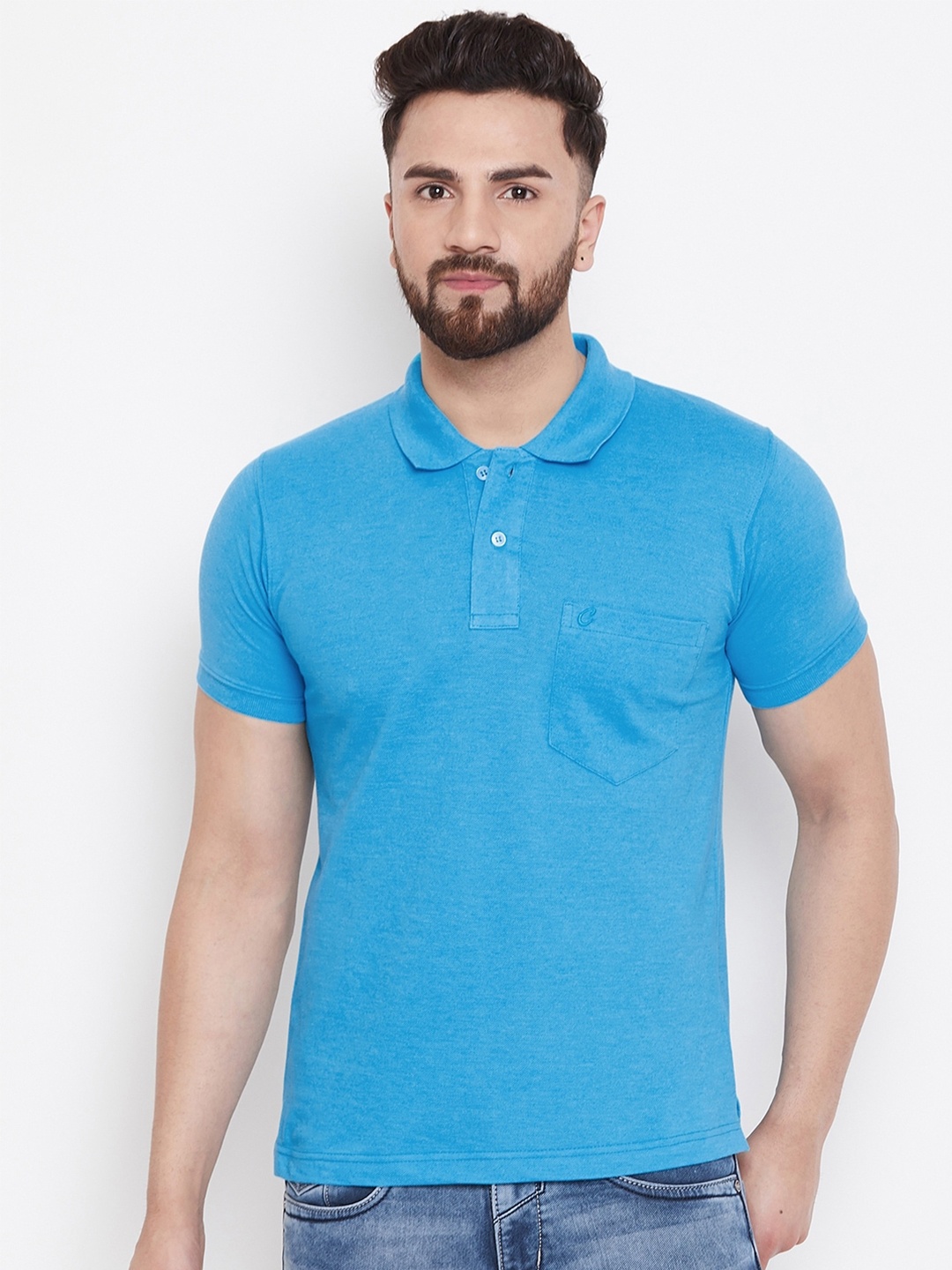 

Camey Men Turquoise Blue Polo Collar Cotton Pockets T-shirt