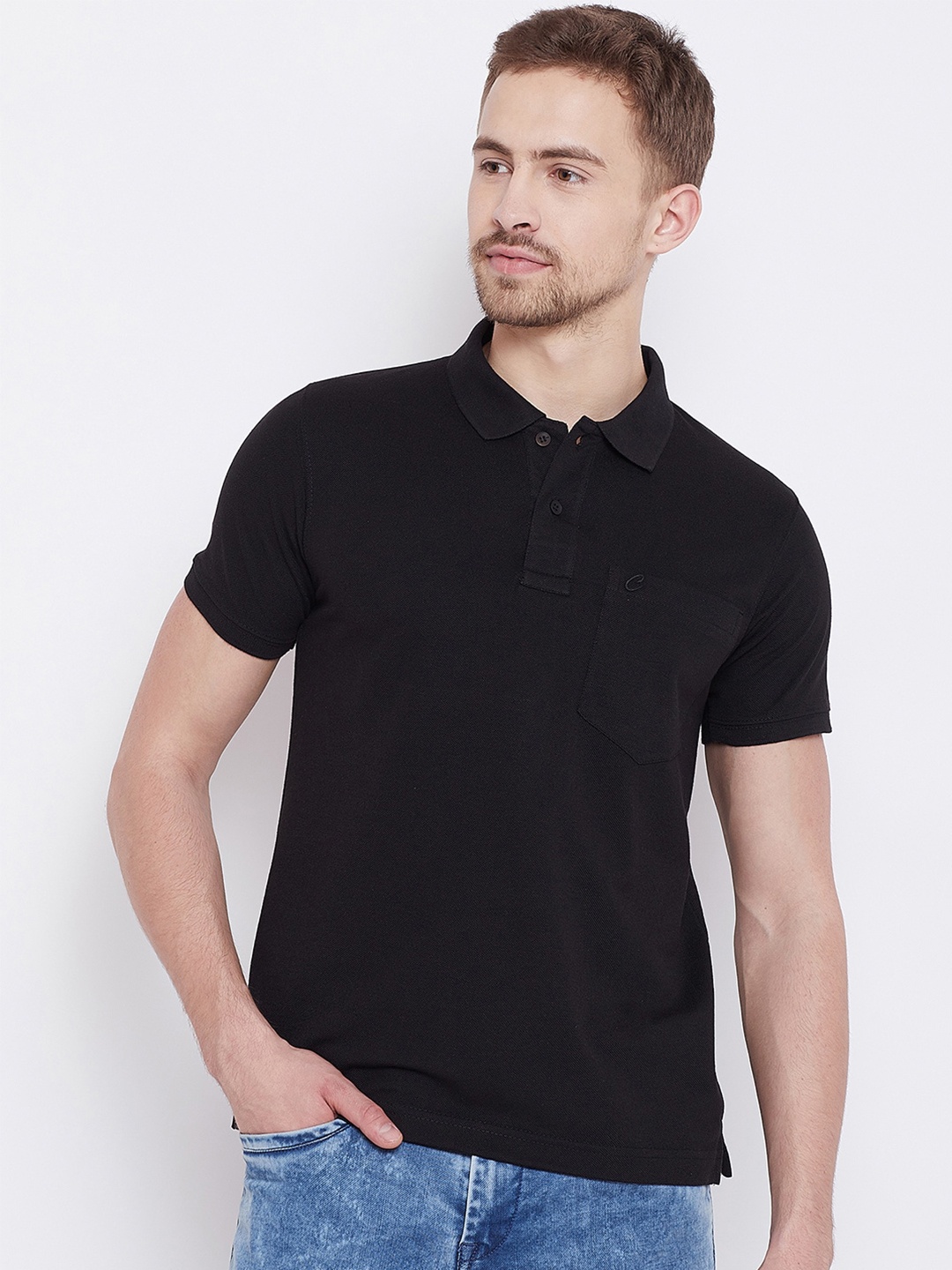 

Camey Men Black Polo Collar Pockets T-shirt