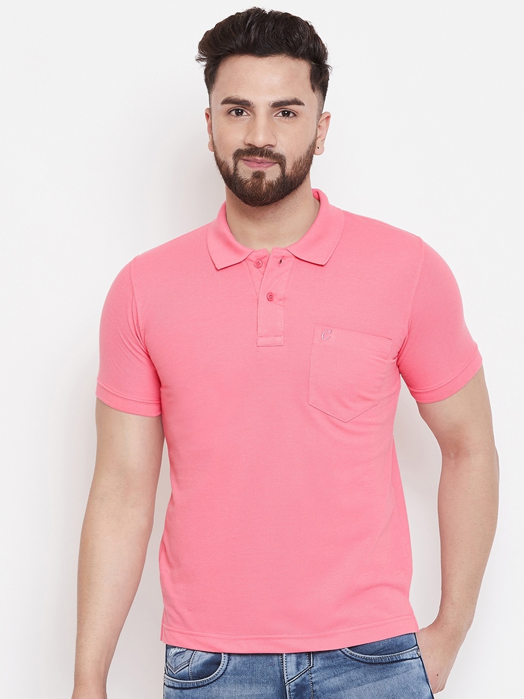 

Camey Men Pink Polo Collar Pockets Cotton T-shirt