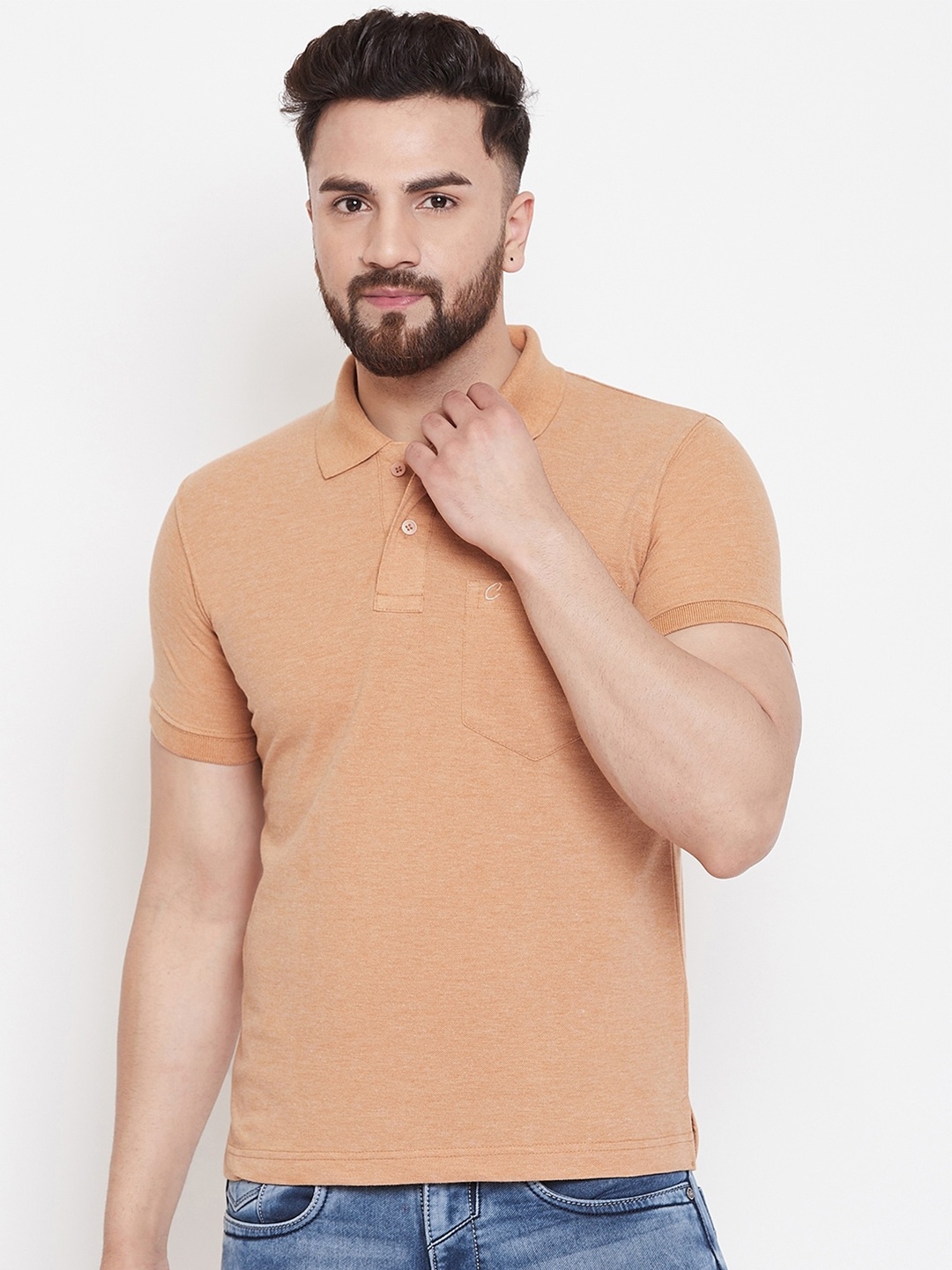 

Camey Men Cream-Coloured Polo Collar Cotton Pockets T-shirt