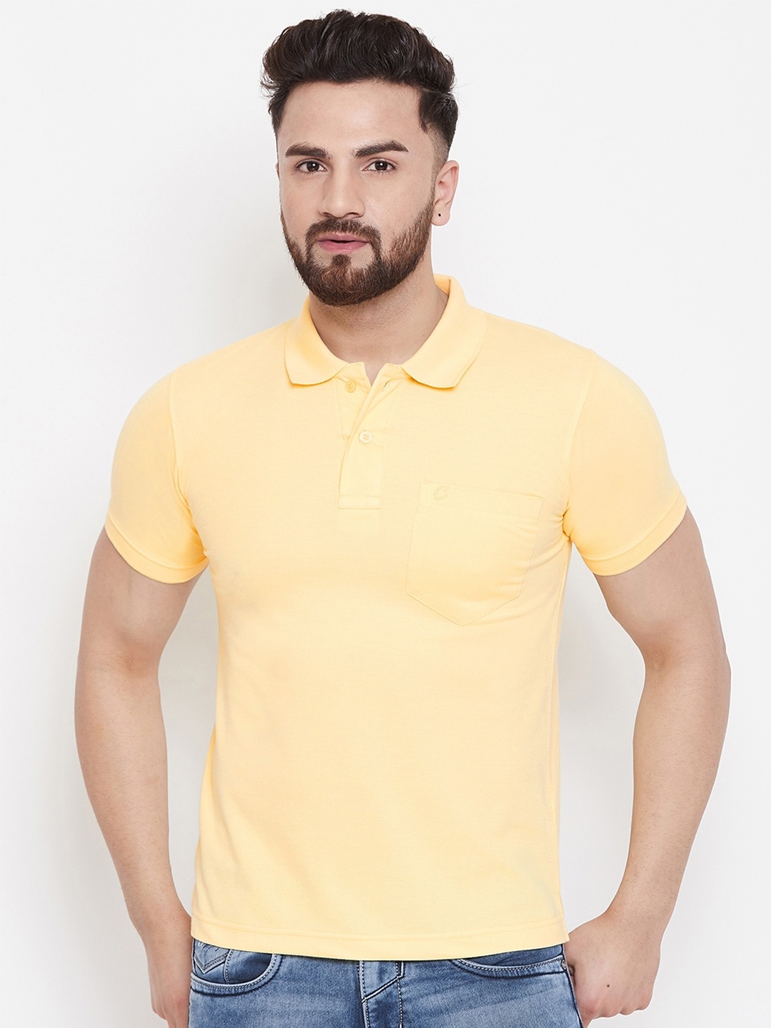 

Camey Men Yellow Polo Collar Pockets Cotton T-shirt