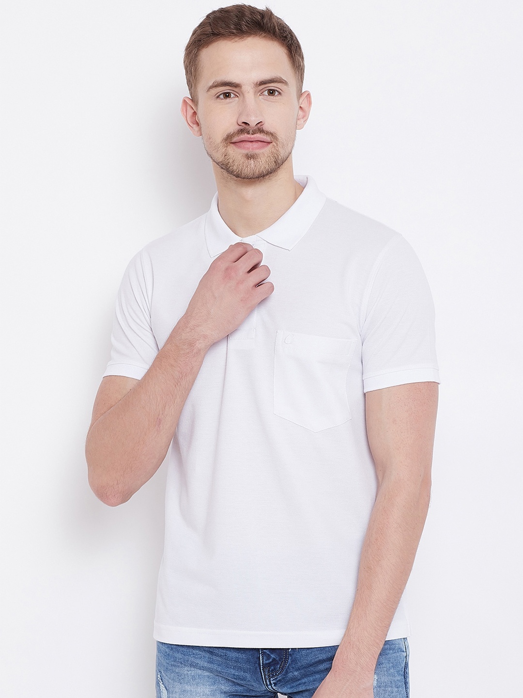 

Camey Men Plus Size White Polo Collar Pockets Cotton T-shirt