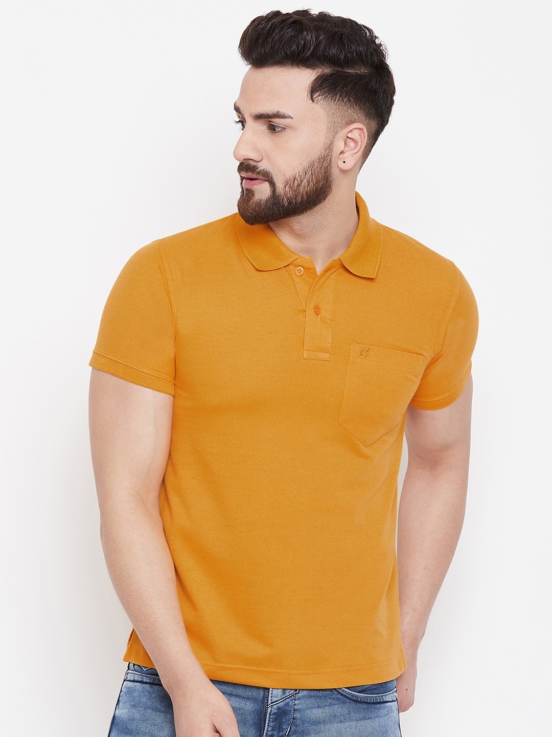 

Camey Men Mustard Yellow Polo Collar Cotton Pockets T-shirt