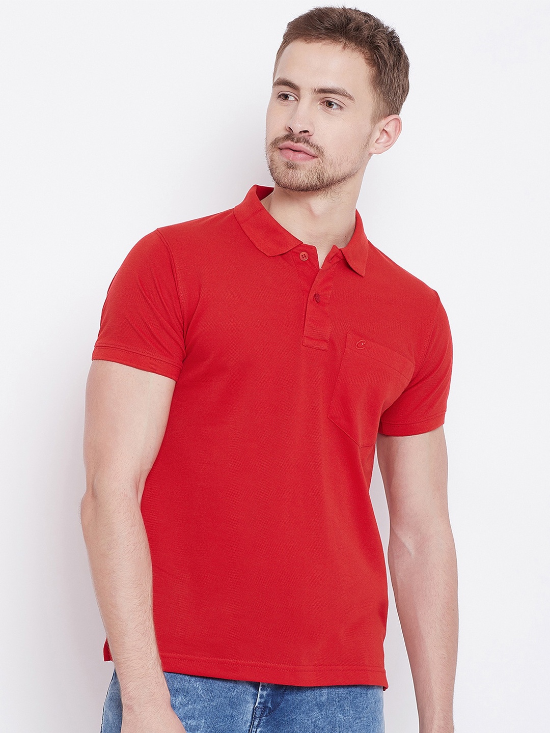 

Camey Men Red Polo Collar Pockets Cotton T-shirt