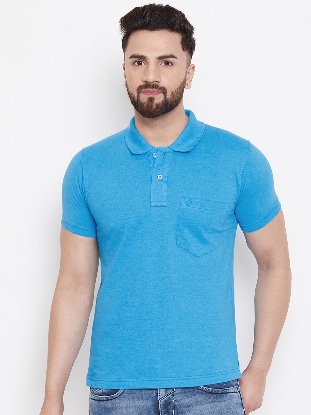 

Camey Men Turquoise Blue Solid Polo Collar Pockets T-shirt