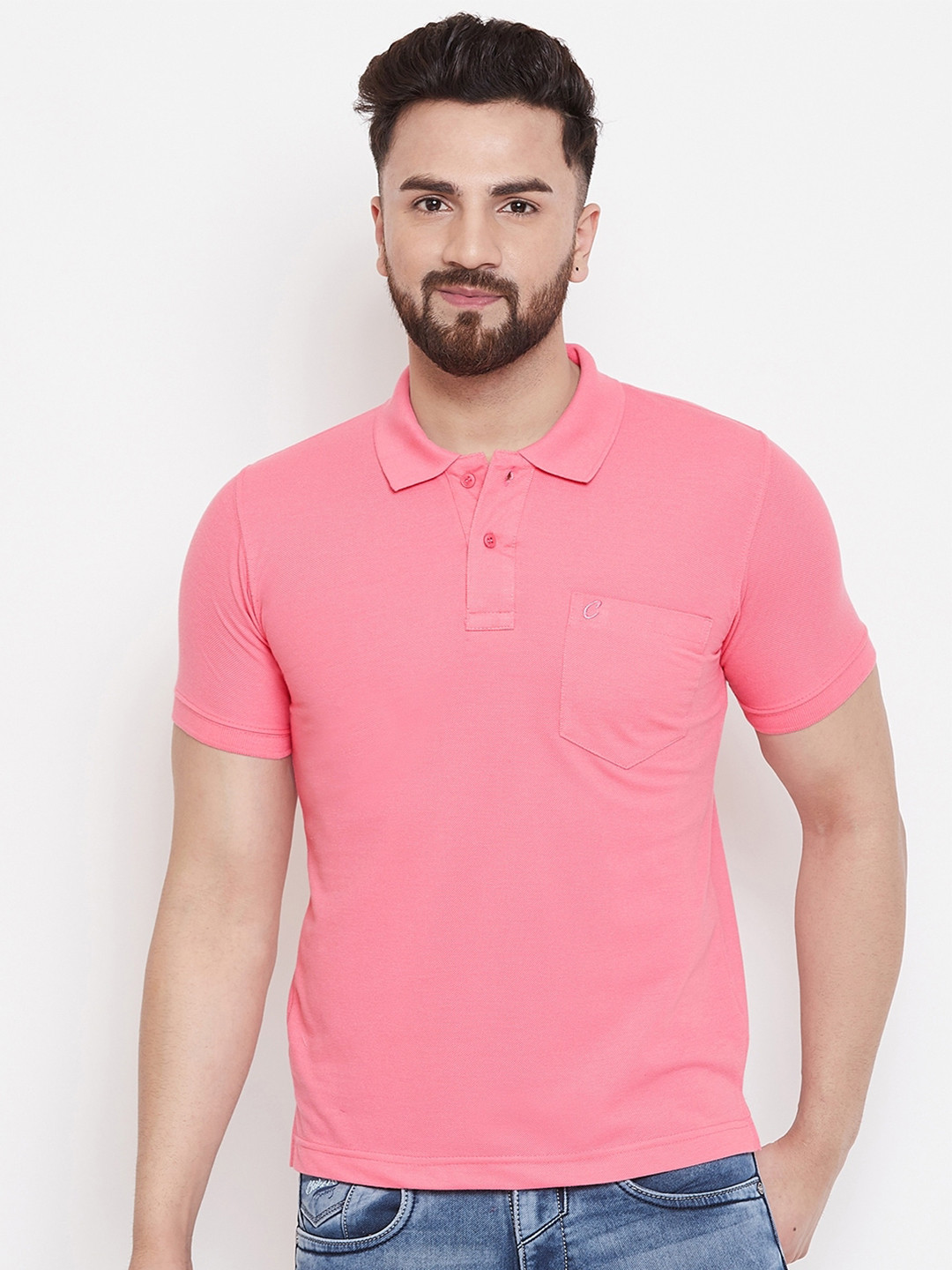 

Camey Men Pink Polo Collar Pockets T-shirt