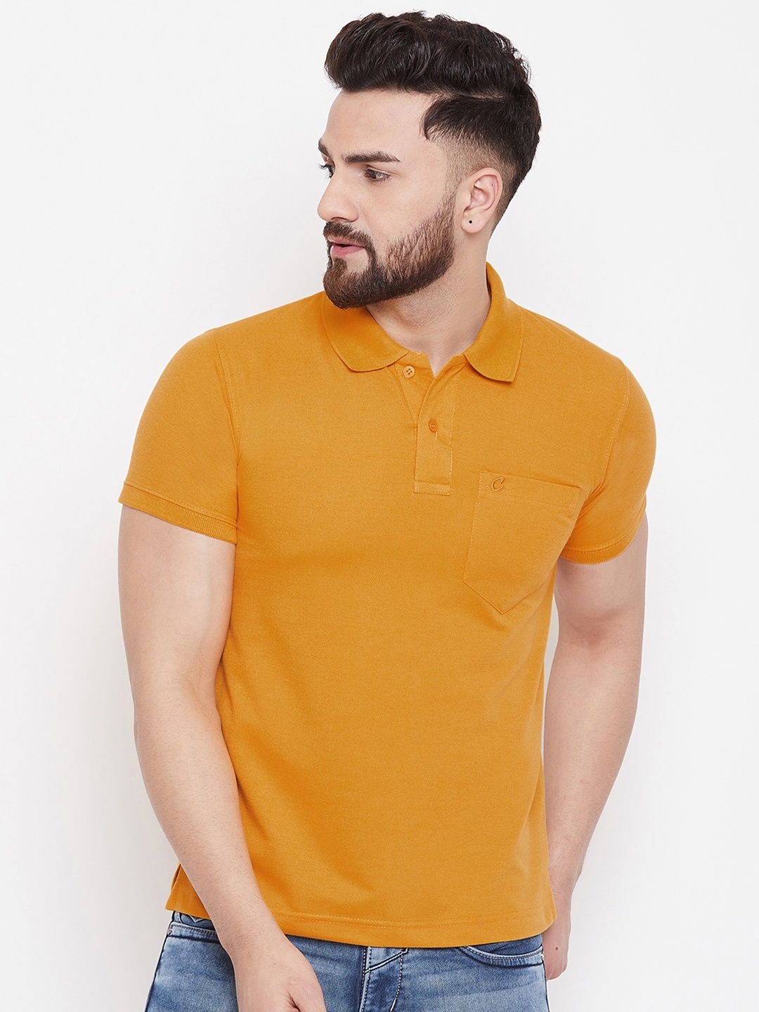 

Camey Men Mustard Yellow Polo Collar Cotton Pockets T-shirt