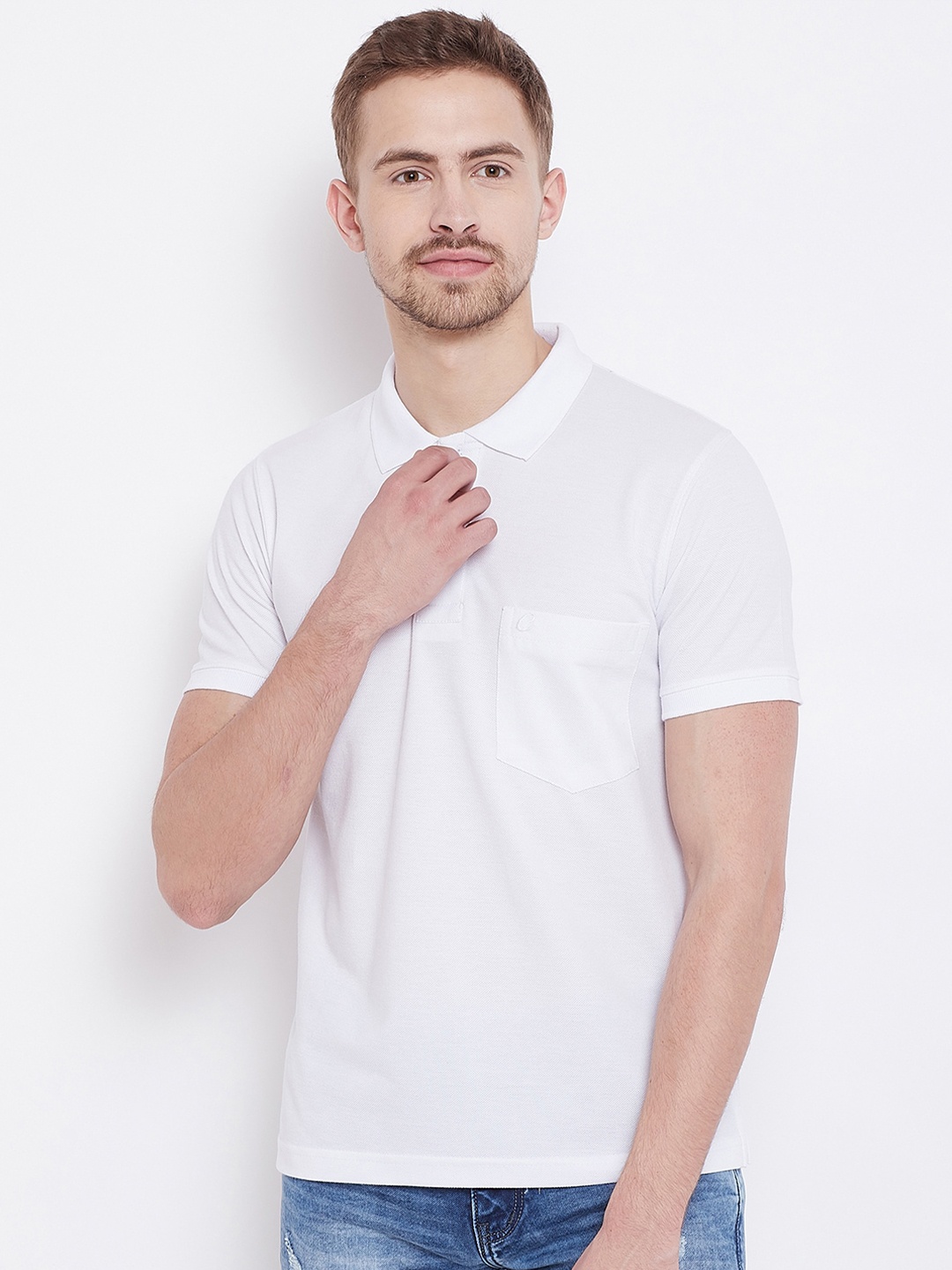 

Camey Men White Polo Collar Cotton Pockets T-shirt