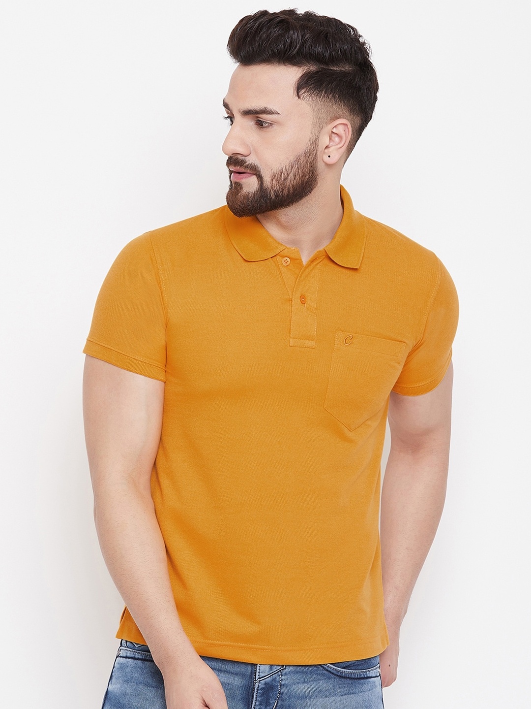 

Camey Men Mustard Yellow Polo Collar Pockets Regular Fit T-shirt