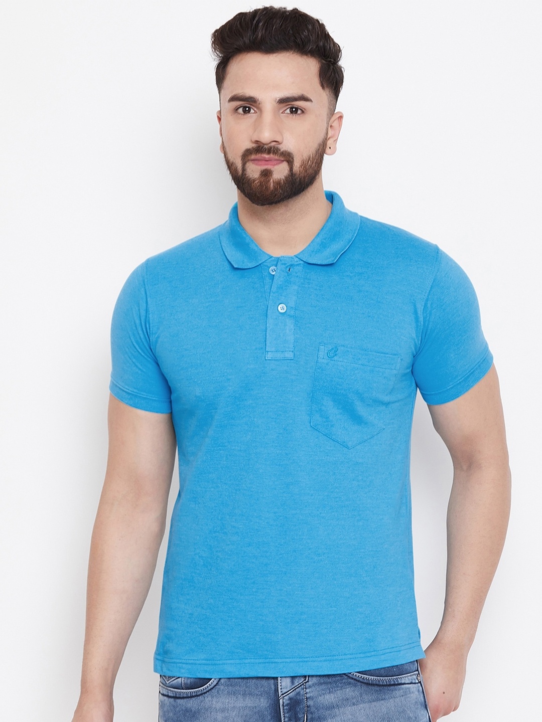 

Camey Men Plus Size Turquoise Blue Polo Collar Pockets Cotton T-shirt