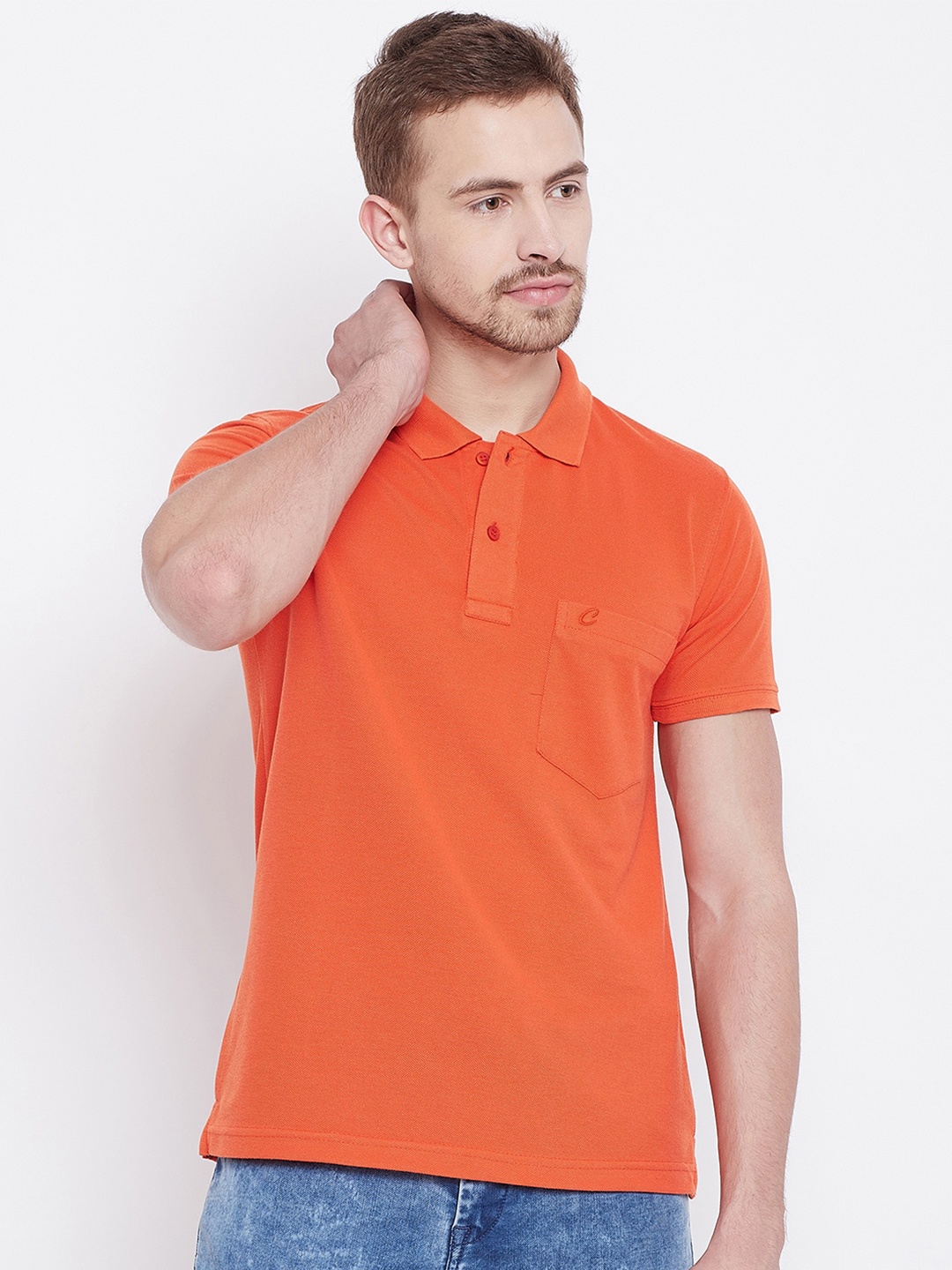 

Camey Men Orange Polo Collar Pockets T-shirt