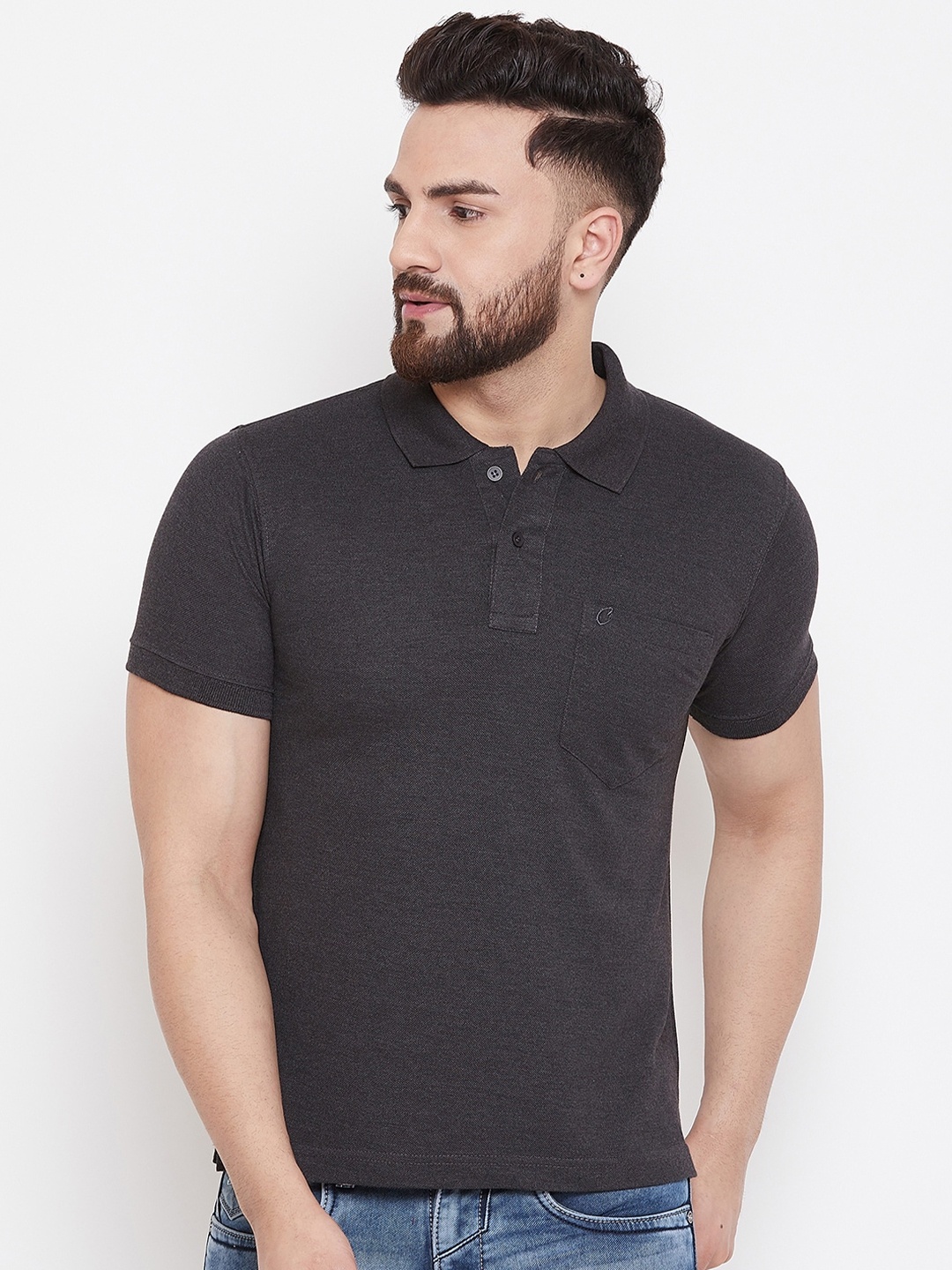 

Camey Men Charcoal Polo Collar Pockets Cotton T-shirt