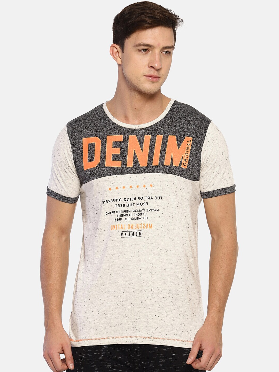 

Masculino Latino Plus Men Off-White & Grey Typography Printed Cotton T-shirt