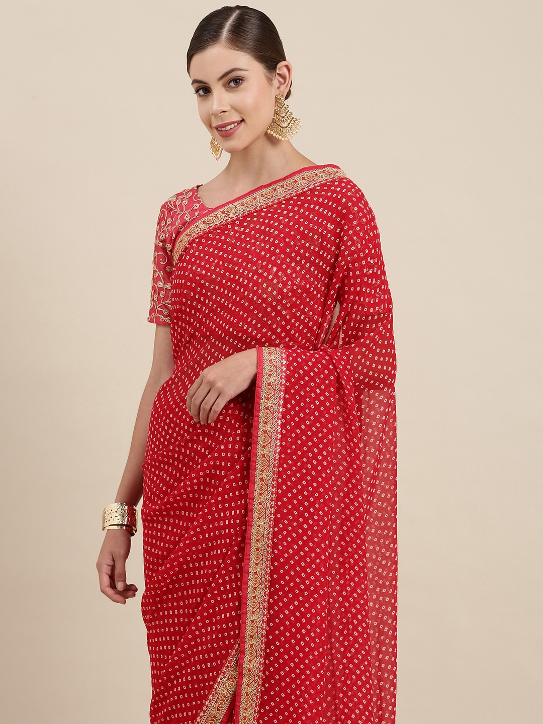 

Mitera Women Red & White Embroidered Pure Georgette Bandhani Saree
