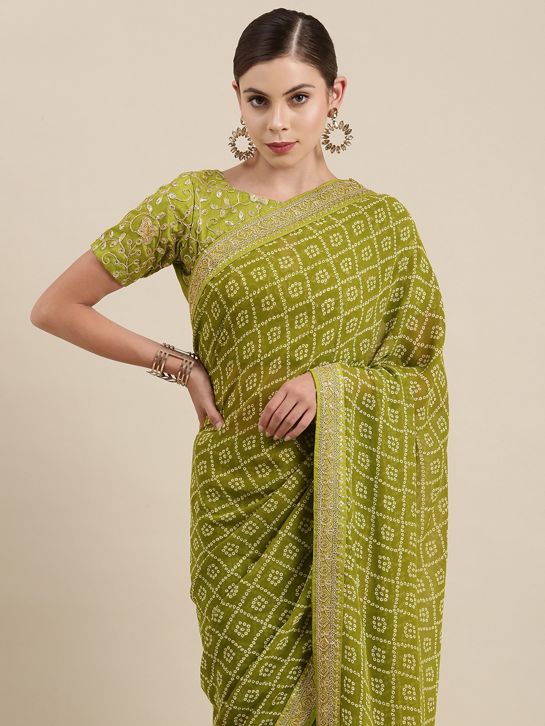 

Mitera Women Olive Green Embroidered Pure Georgette Bandhani Saree