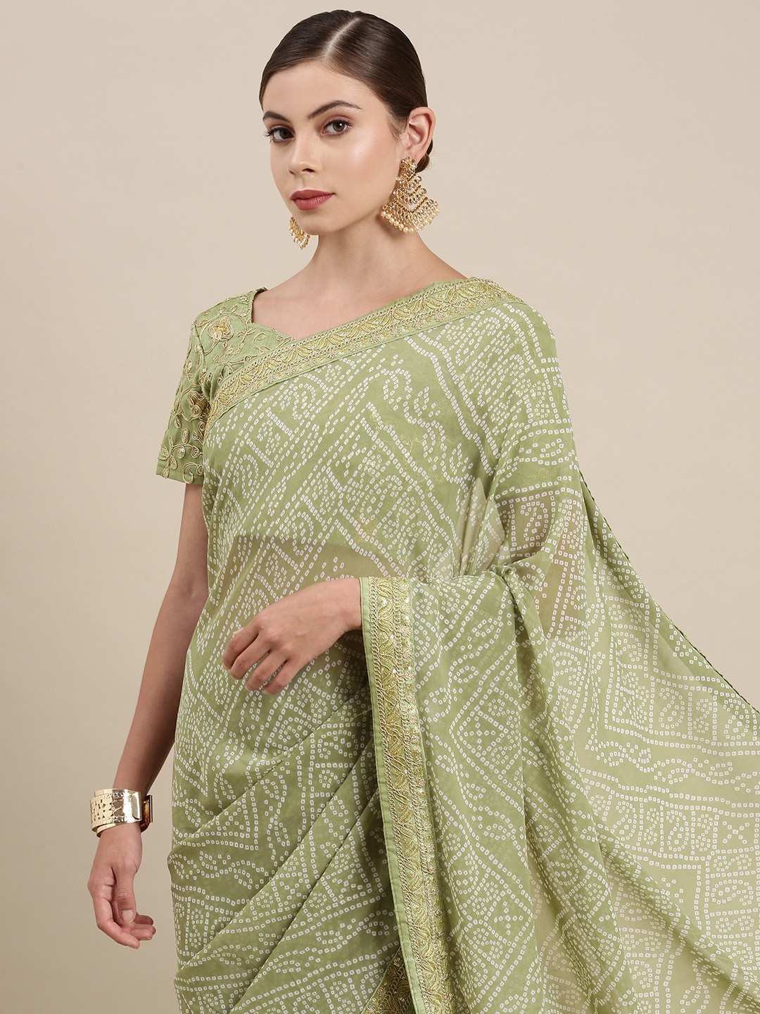 

Mitera Women Green & White Embroidered Pure Georgette Bandhani Saree