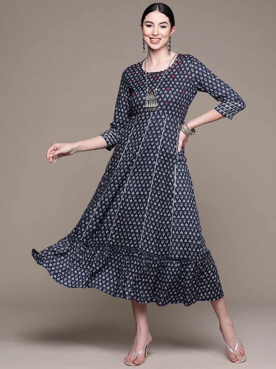 

Anubhutee Navy Blue Ethnic Motifs Ethnic A-Line Maxi Dress