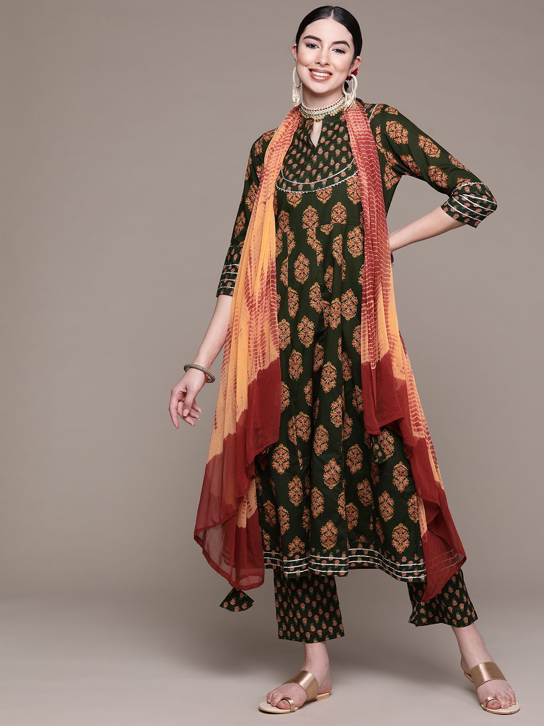 

Anubhutee Women Green Ethnic Motifs Printed Pure Cotton Kurta with Palazzos & With Dupatta