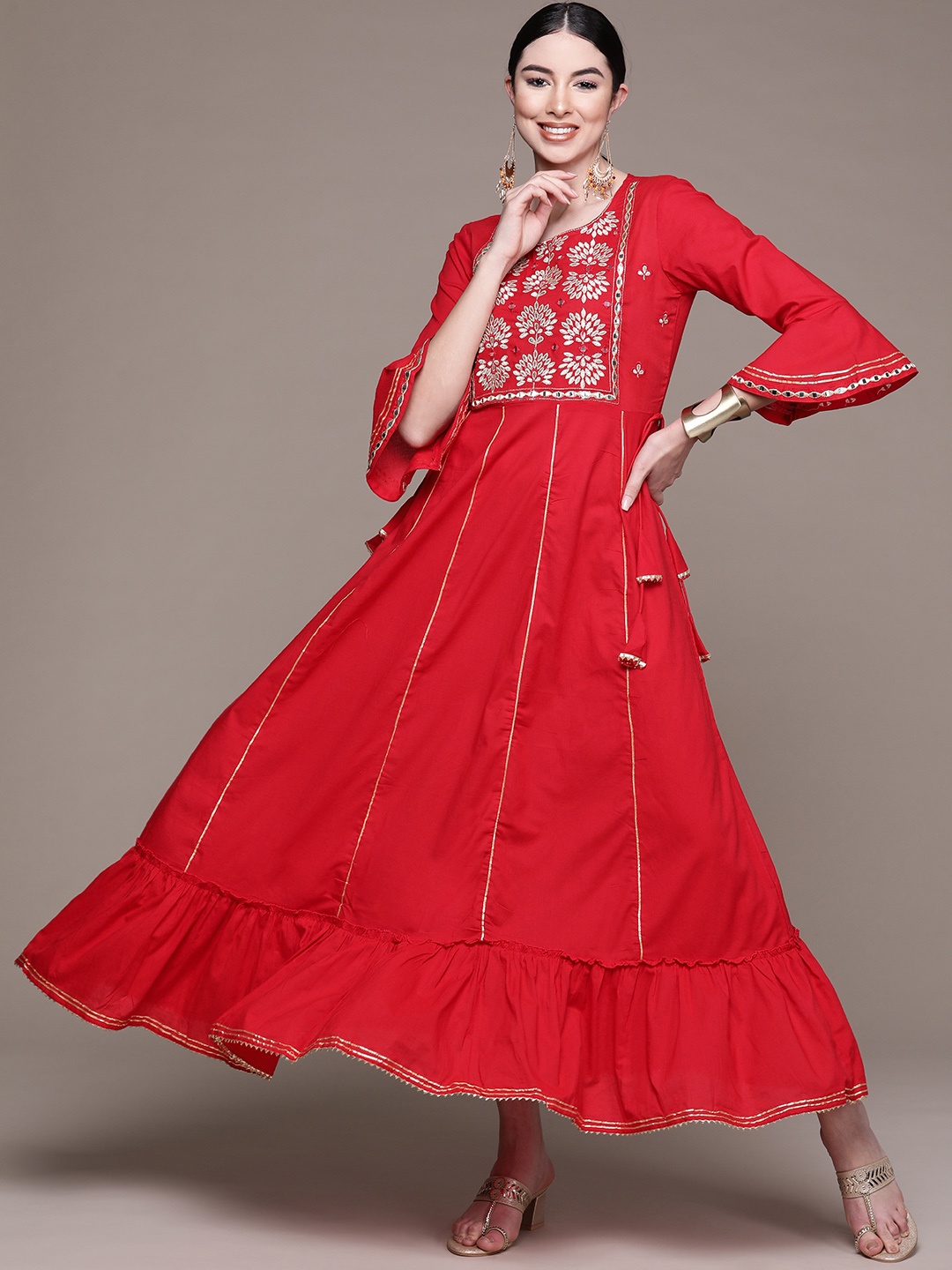 

Anubhutee Red Floral Embroidered Ethnic A-Line Maxi Dress