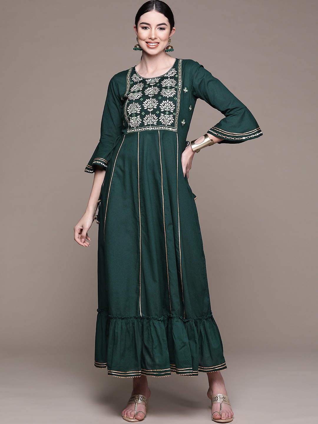 

Anubhutee Green Embellished Embroidered Ethnic Cotton A-Line Maxi Dress