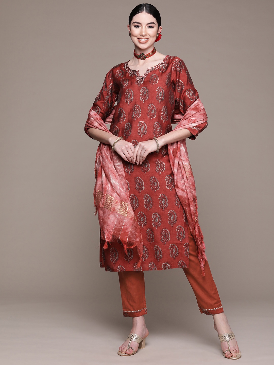 

Anubhutee Women Maroon Ethnic Motifs Printed Thread Work Pure Cotton Kurta with Trousers & With Dupatta