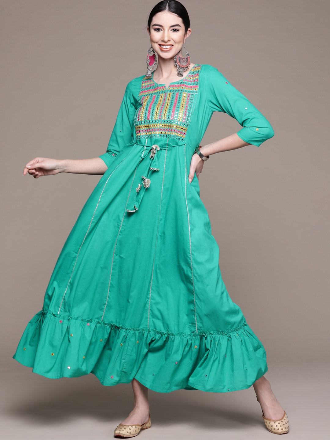 

Anubhutee Green Embroidered Ethnic Cotton A-Line Maxi Dress