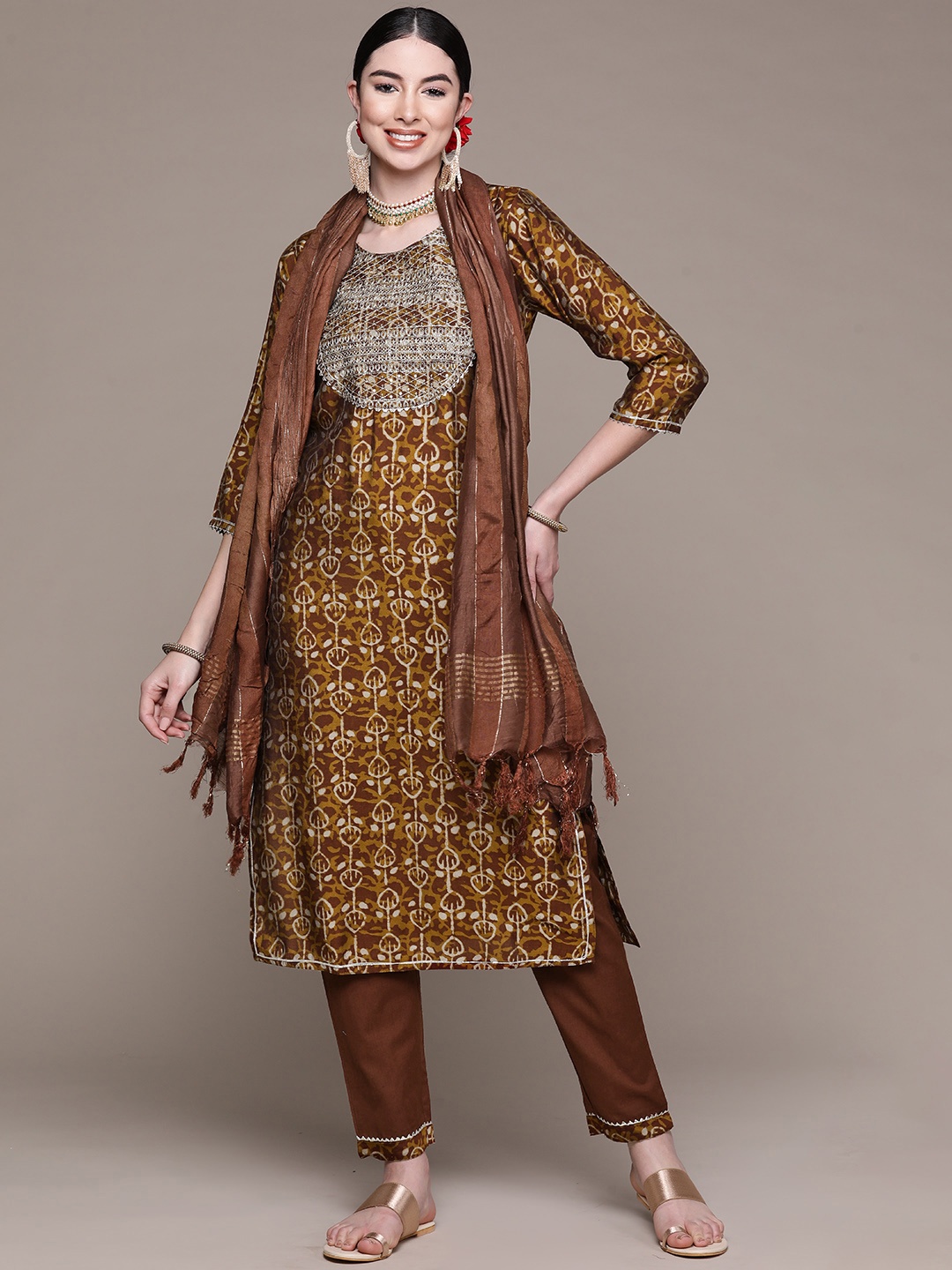 

Anubhutee Women Brown Yoke Design Thread Work Pure Cotton Kurta with Palazzos & With Dupatta