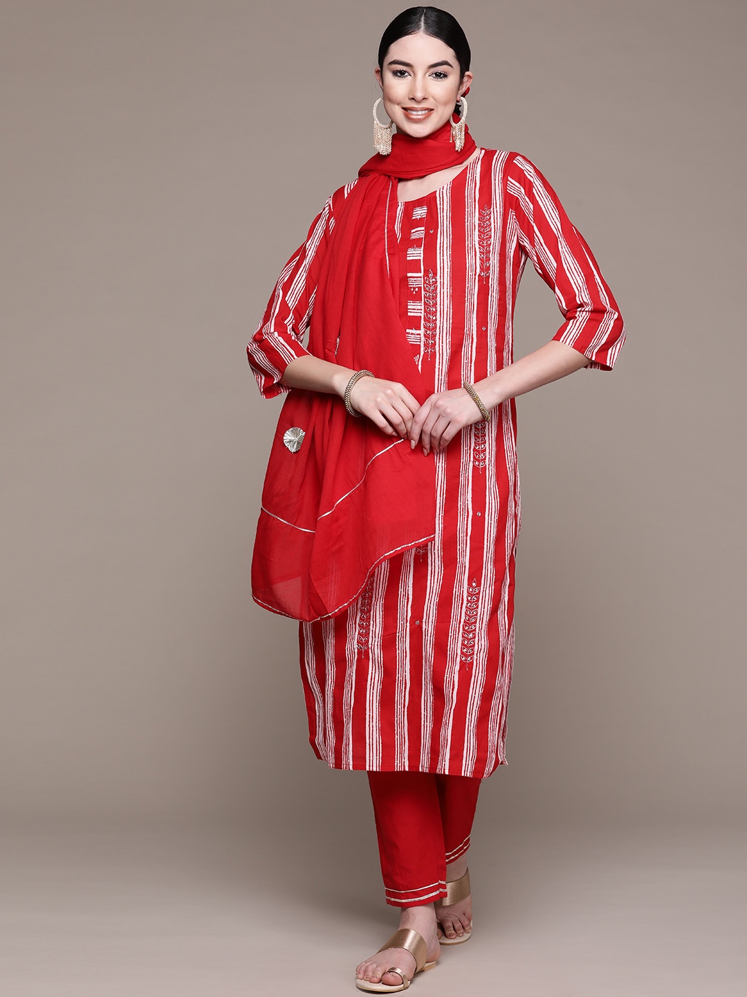 Anubhutee Women Red Striped Thread Work Pure Cotton Kurta with Trousers & With Dupatta