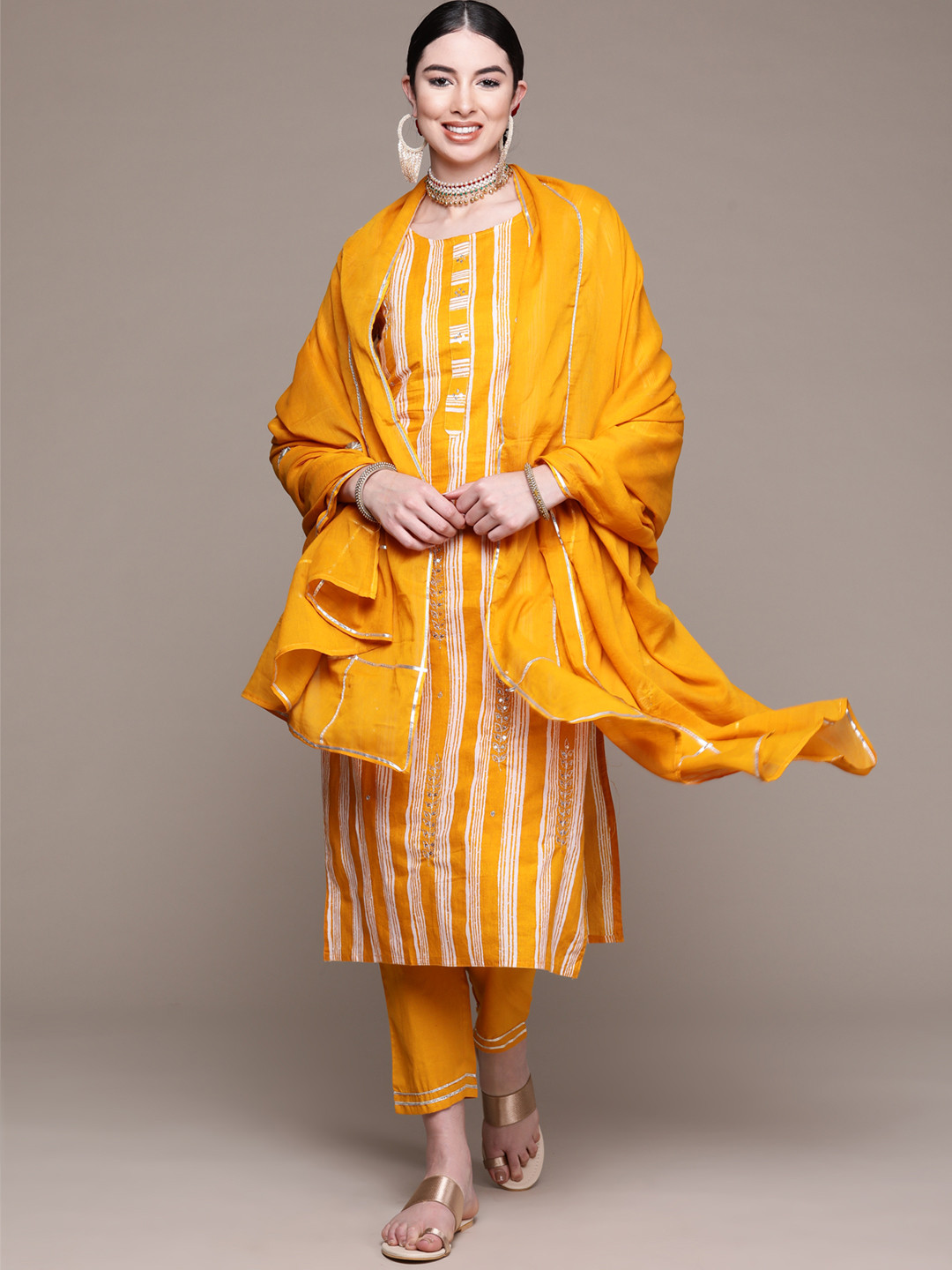 

Anubhutee Women Yellow Ethnic Motifs Striped Thread Work Pure Cotton Kurta with Palazzos & With Dupatta